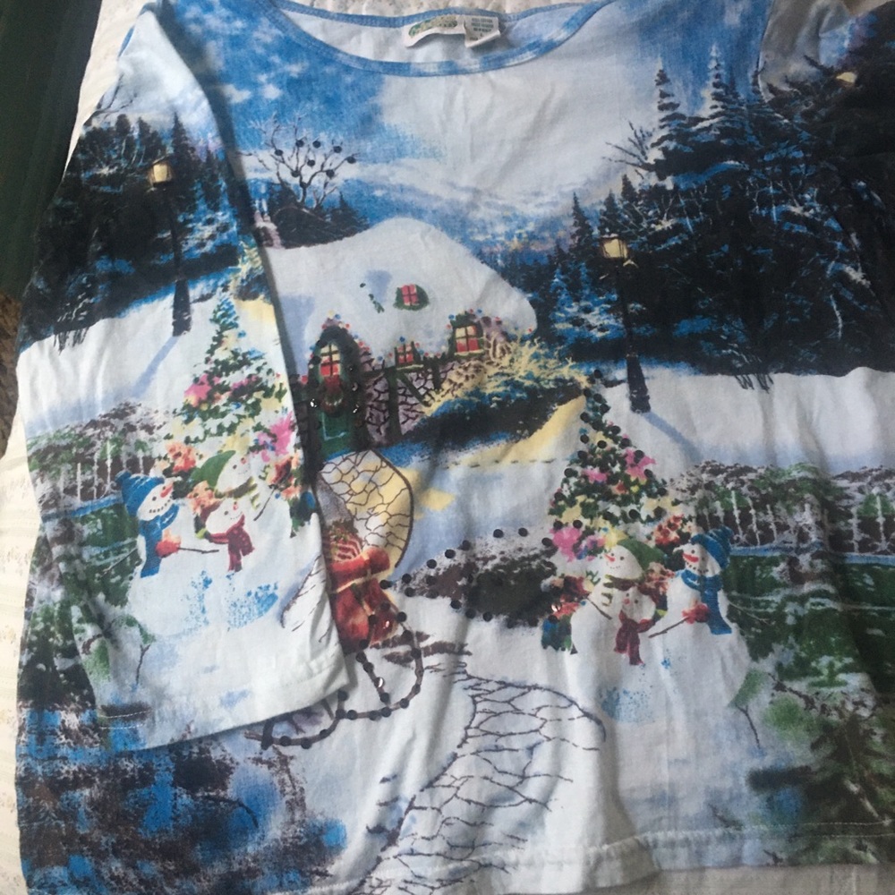 Collections ETC Vintage Christmas snow wonderland sequined quarter sleeve